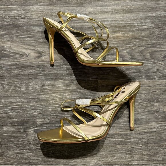 NEW Lulus SZ 9 Gold Sanga Strappy Square Toe Stiletto High Heels Tie Up Metallic - Picture 2 of 11